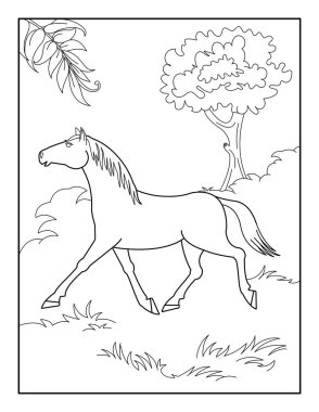 Çocuklar için at boyama sayfası. Rahatlama ve meditasyon için boyama kitabı.