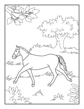 Çocuklar için at boyama sayfası. Rahatlama ve meditasyon için boyama kitabı.