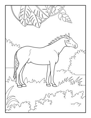 Çocuklar için at boyama sayfası. Rahatlama ve meditasyon için boyama kitabı.