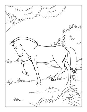 Çocuklar için at boyama sayfası. Rahatlama ve meditasyon için boyama kitabı.