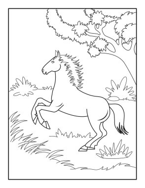 Çocuklar için at boyama sayfası. Rahatlama ve meditasyon için boyama kitabı.