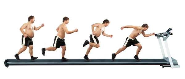 Correndo homem no início cheio no final do fino — Fotografia de Stock