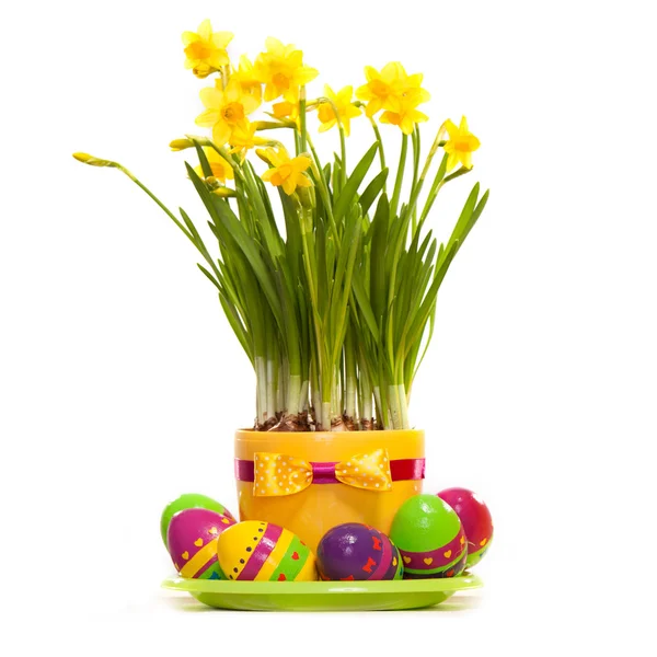 Huevos de Pascua con flor de primavera en la olla — Foto de Stock