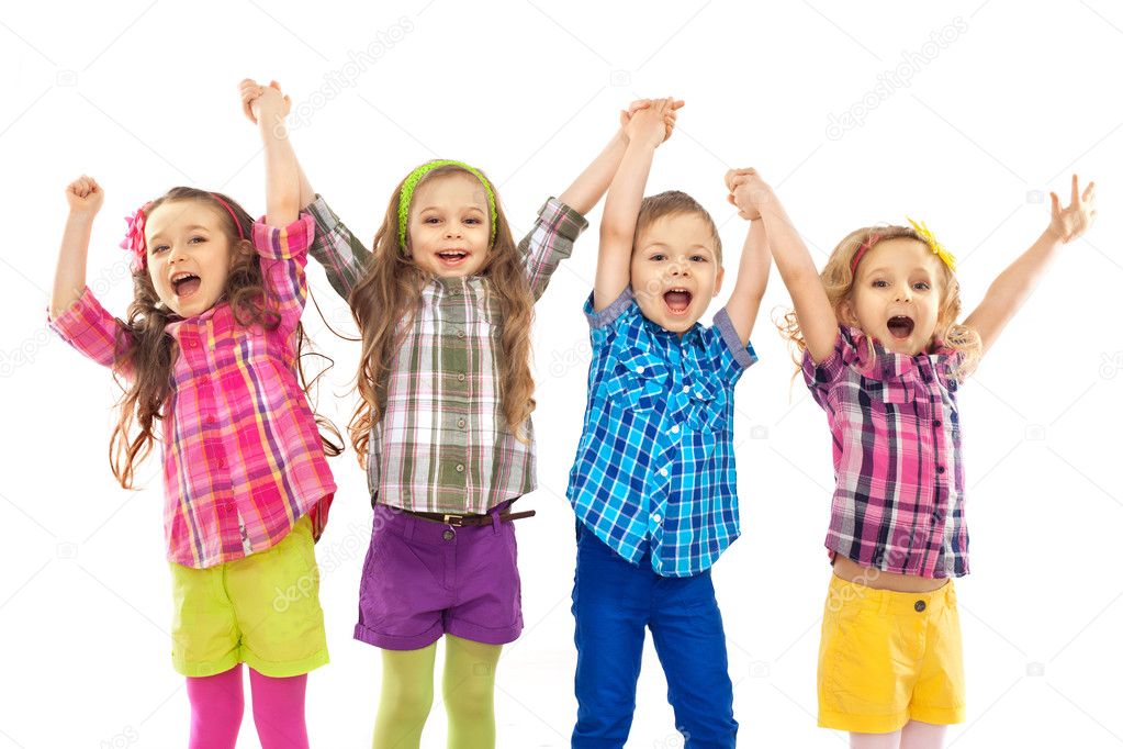 Happy kids jumping together