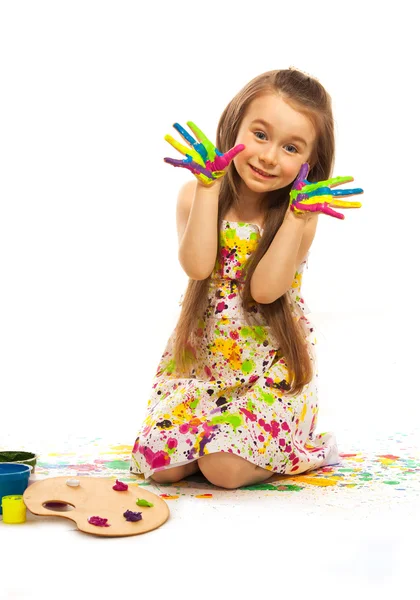 Funny little girl with hands painted — Stock Photo, Image