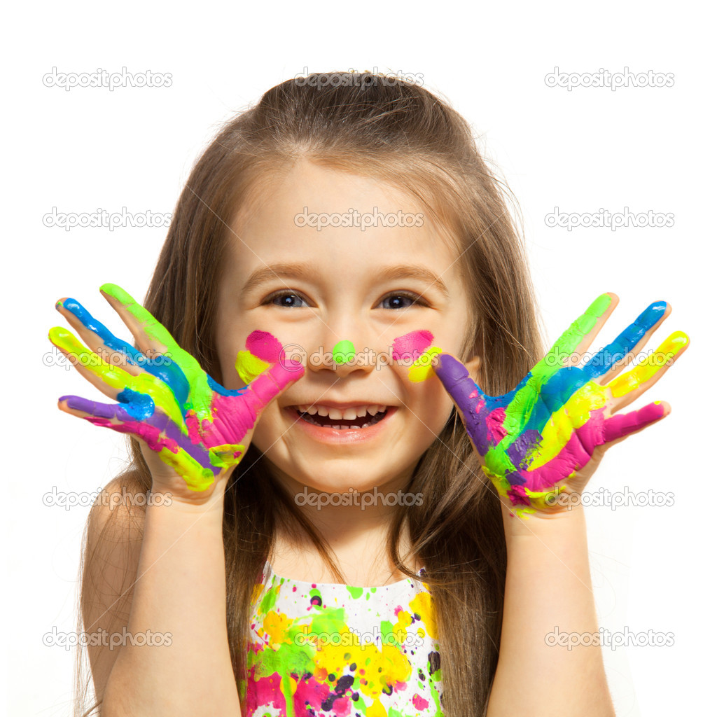 Funny little girl with hands painted