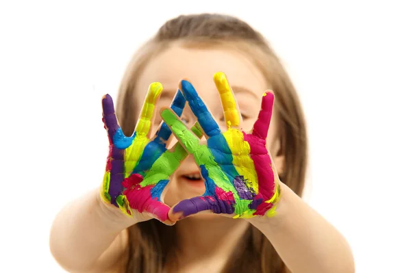 Niña divertida con las manos pintadas —  Fotos de Stock