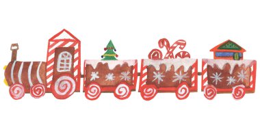 Suluboya elle boyanmış kış tatili kompozisyonu kahverengi zencefilli kurabiyeler beyaz jöleli Noel treni, yeşil köknar ve beyaz arka planda yeni yıl kartı tasarımı için lolipop.