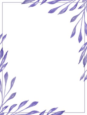 Watercolor hand painted nature floral squared frame with purple leaves on branch bouquet composition in corner on the white background for invite and greeting card design with space for text