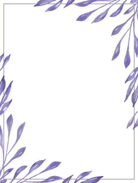 Watercolor Hand Painted Nature Floral Squared Frame Purple Leaves Branch — Fotografia de Stock