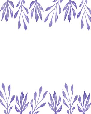 Watercolor hand painted nature floral banner frame with purple leaves on branch composition on the white background for invite and greeting card design with space for text