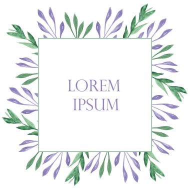 Suluboya el boyası doğanın kare çerçevesini yeşil ve mor yapraklarla boyadı. Beyaz arkaplanda davet ve tebrik kartı tasarımı için boşluk bırakıldı.