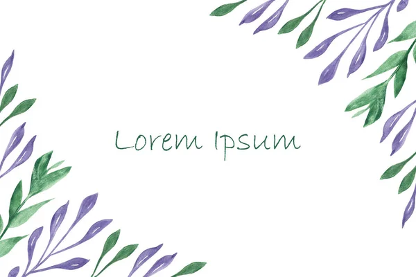 水彩手描き自然コーナーフレーム緑と紫の葉の枝の組成に白い背景を招待し テキストのためのスペースとグリーティングカードのデザイン — ストック写真