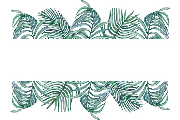 Aquarel Hand Geschilderd Natuur Tropische Banner Frame Met Groene Palmbladeren Rechtenvrije Stockafbeeldingen