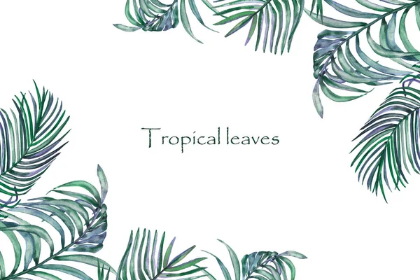 Akvarel Ručně Malované Přírody Tropický Rám Zeleně Fialové Palmové Listy — Stock fotografie