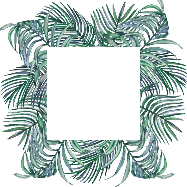 Aquarel Hand Geschilderd Natuur Vierkant Rand Tropisch Frame Met Groene Stockfoto