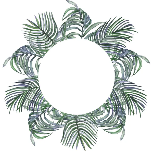 Aquarel Hand Geschilderd Natuur Tropische Cirkel Rand Frame Met Groene Rechtenvrije Stockfoto's