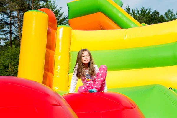 Happy Little Girl Jumping Castle Resting Jumping Ball Ball Sunny — Stock Photo, Image