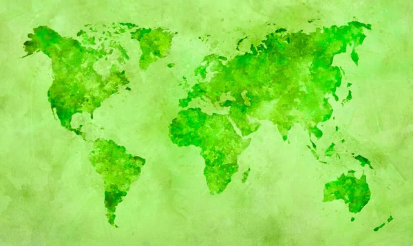 Mapa Mundo Aquarela Verde Pintura Salpicos Abstratos Sobre Papel — Fotografia de Stock
