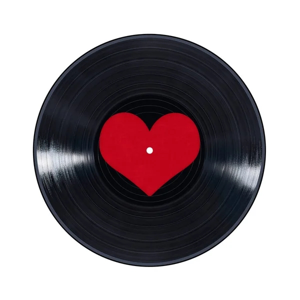 Foto Black Vinyl Record Con Centro Forma Corazón Blanco Que —  Fotos de Stock