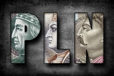 Polonya banknotlarından yapılmış PLN metni, para birimi sembolü kavramı.