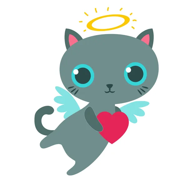 Angel cat with heart isolated vector illustration. — Stock Vector