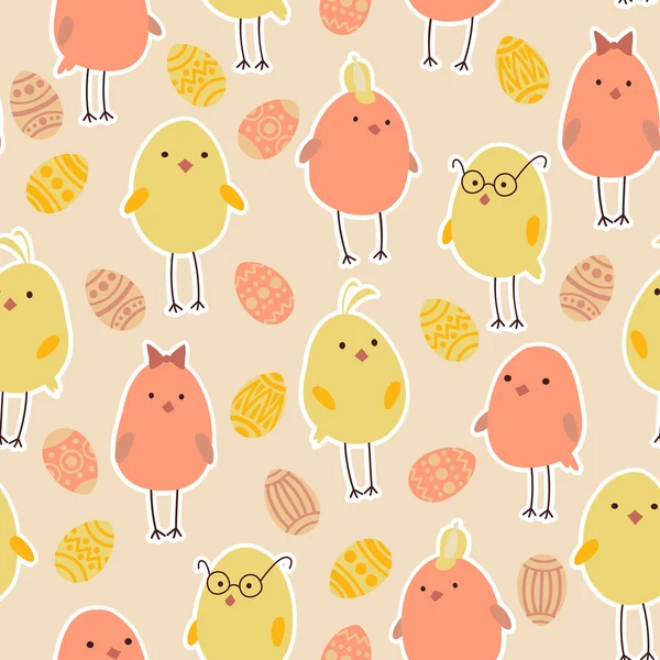 Vector seamless pattern with cute chickens and eggs — Stock Vector