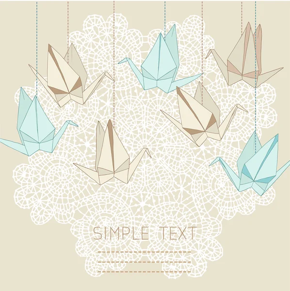 Origami crane vector card with lace background. — Stock Vector