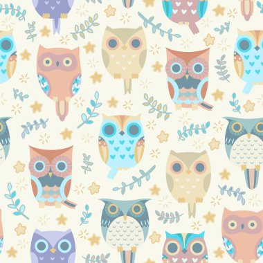 Şirin baykuşlar vektörsüz desen.