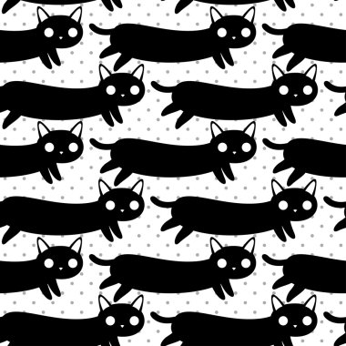 Karikatür kedi siyah beyaz vektör seamless modeli.