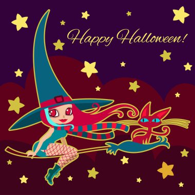 küçük cadı ve süpürge vektör çizim üzerinde kara kedi.