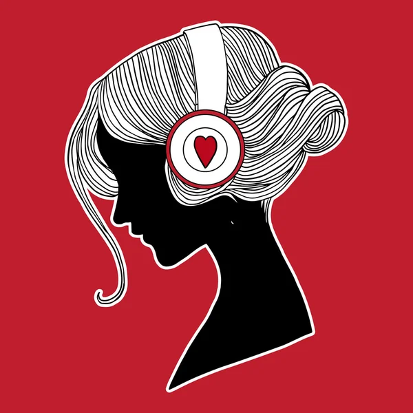 Ung kvinnas huvud med hörlurar vektor illustration. profil. — Stock vektor