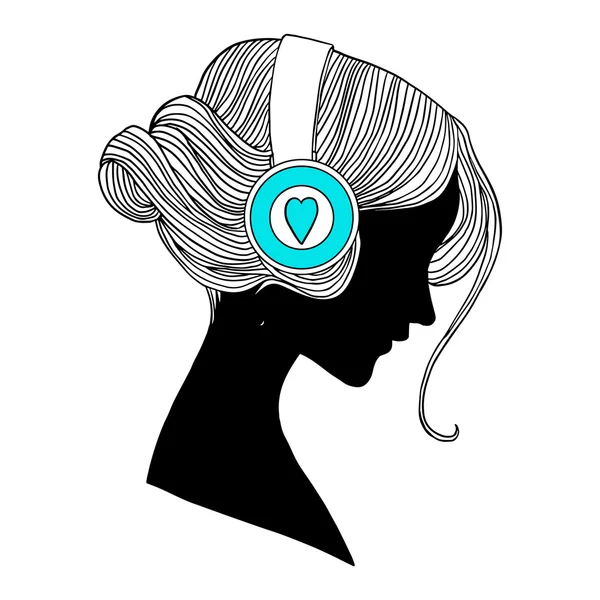 Cabeza de mujer joven con auriculares ilustración vectorial. Perfil . — Vector de stock