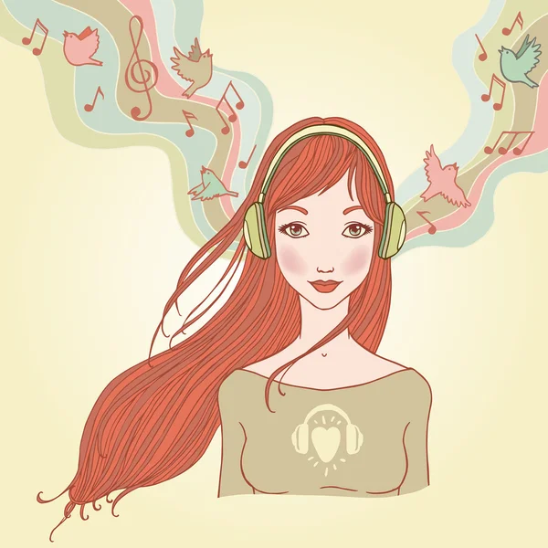 Ung kvinne med illustrasjon av vektor i hodetelefoner . – stockvektor