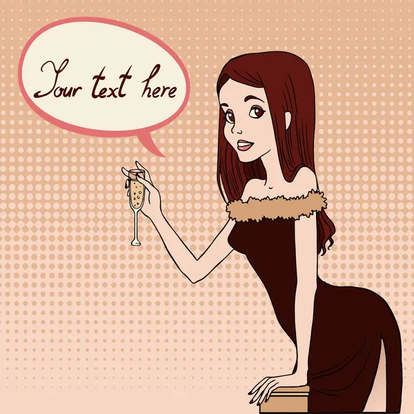 Barna hajú lány pohár pezsgő vektoros illusztráció. — Stock Vector