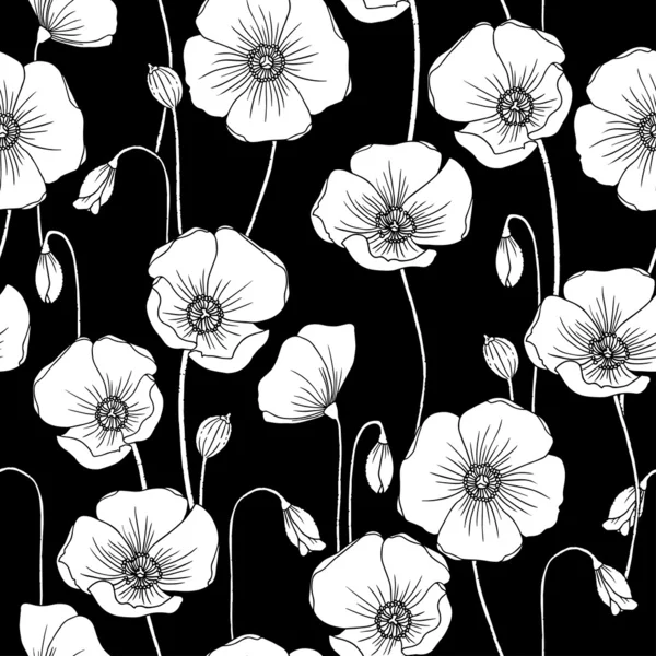 Amapolas b & w patrón inconsútil vector . — Vector de stock