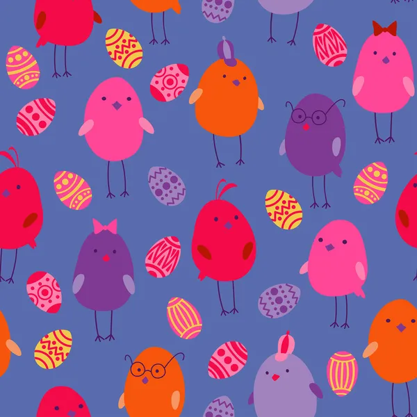 Vector seamless pattern with colorful cute chickens and eggs. — Stock Vector