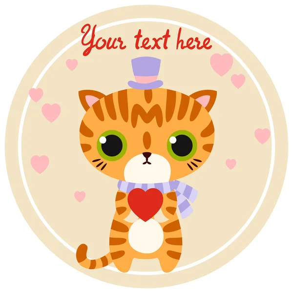 Vector striped cat character in high-hat with heart. — Stock Vector