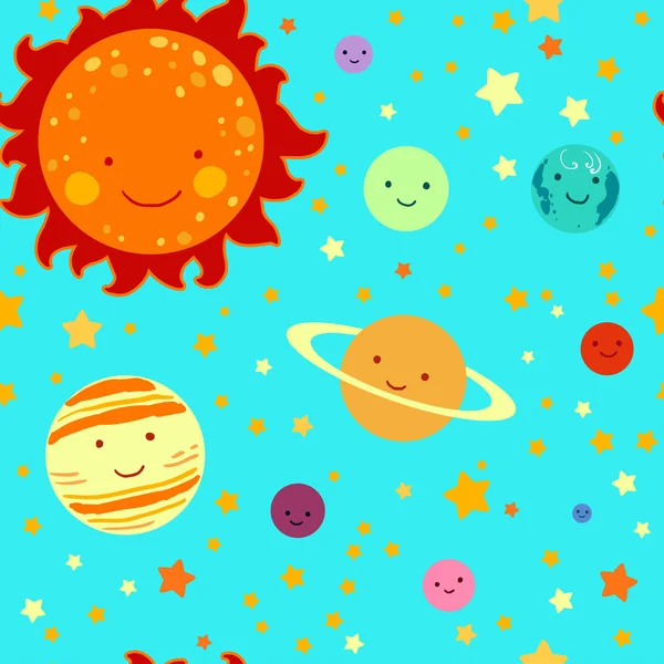 Modèle vectoriel sans couture de système solaire de dessin de style enfant . — Image vectorielle