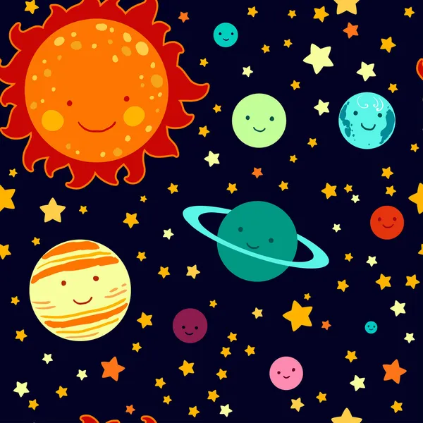 Dibujo de estilo de niño sistema solar patrón de vectores sin costura . — Vector de stock