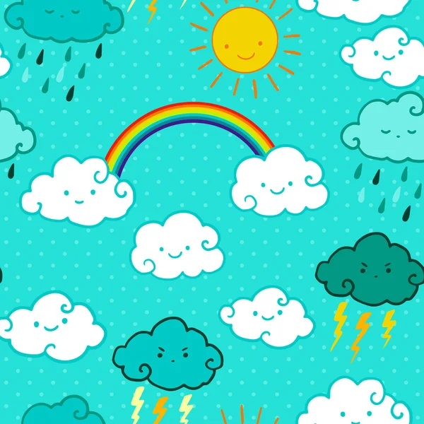 Kind tekening stijl regenboog en wolken naadloze vector patroon. — Stockvector