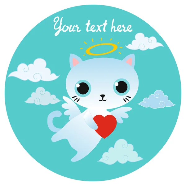 Vector white angel cat character with heart. — Stock Vector