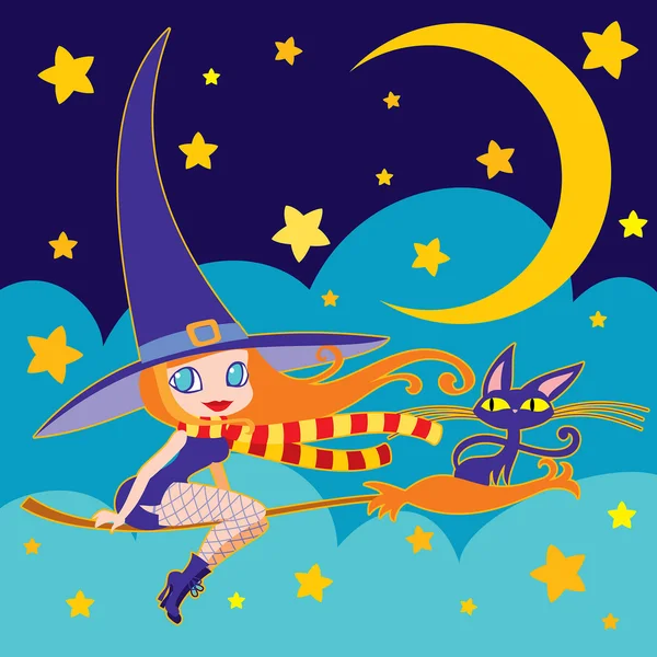 Little witch and cat flying illustration. — Stock Vector