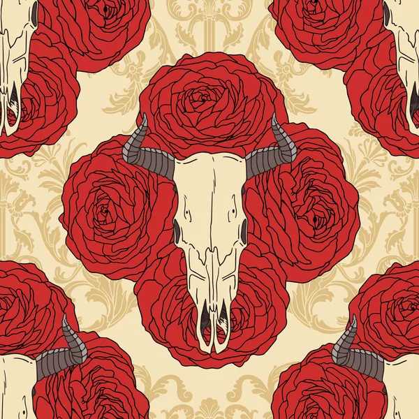 Goat skull on red roses background vector seamless pattern. — Stock Vector