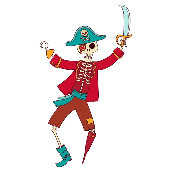 Skeleton pirate cartoon style character — Stock Vector