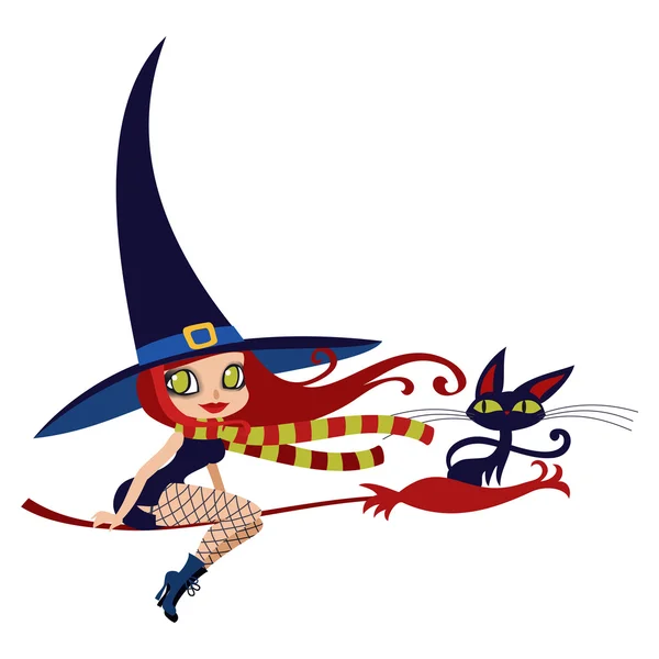 Petite sorcière et chat noir sur un balai — Image vectorielle