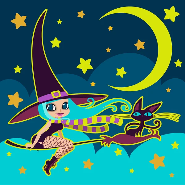 Petite sorcière et chat noir sur une illustration vectorielle de balai . — Image vectorielle