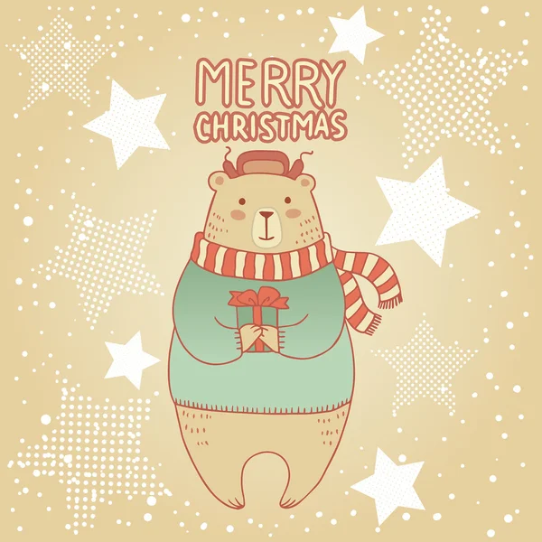 Christmas, New Year greetings card with bear. — Stock Vector
