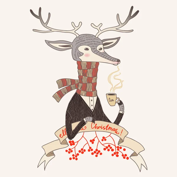 Christmass,New Year greetings card with deer illustration. — Stock Vector