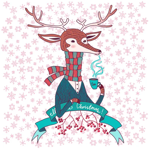 Christmass,New Year greetings card with deer illustration. — Stock Vector